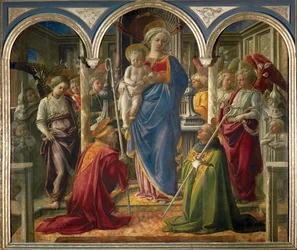 Madonna och barn med änglar, och Saints Frediano och Augustine, kallad "Pala Barbadori" ...