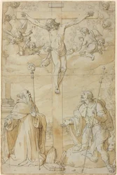 Korsfästelsen med heliga Roch och Augustinus