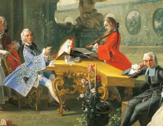 Konsert i en trädgård, ca 1750, av Filippo Falciatore (aktiv 1737-1768), olja på duk, 75,8 x102 cm. Detalj. Italien