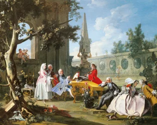 Konsert i trädgården av Filippo Falciatore (aktiv 1737-1768), olja på duk, 75,8 x 102 cm, Detalj, Italien, cirka 1750