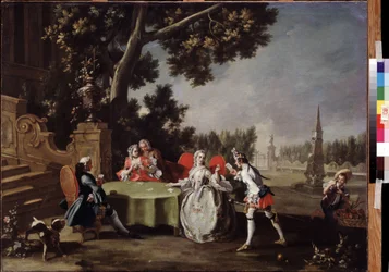 ""Kortfesten"" Grupp av italiensk adel som spelar kort i en trädgård. Målning av Filippo Falciatore (1718-1768) Pushkin-museet från 1700-talet, Moskva