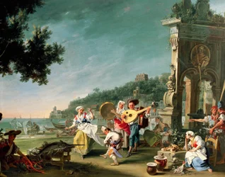 Tarantella i Margellina, ca 1750, av Filippo Falciatore (aktiv 1737-1768), olja på duk, 76,2 x102 cm. Italien
