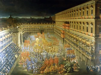 Fest på Palazzo Barberini för att hedra Christine de Suede (Christine av Sverige), 1656-02-28 Målning av Filippo Lauri (1623-1694) och Filippo Gagliardi (död 1659). 1600-talets Rom, Roms museum