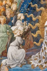 Änglar som håller liljor, blommor som är symbolerna för renhet, detalj av Marias kröning
