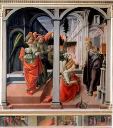 Bebådelse Detrempe på trä av Filippo Lippi (ca 1406-1469) 1440 ca. Sol. 175,25x183 cm Florens, San Lorenzo-kyrkan, kapell Martelli