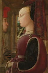 Porträtt av en kvinna med en man vid en båge, ca. 1440.