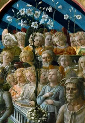 Jungfruns kröning. Detalj av de sjungande änglarna som håller liljeblommor. Figuren nere till höger är Johannes Döparen, Florens skyddshelgon. Målning (1457-1504)