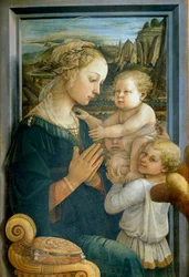 Jungfru och barn och två änglar Detrempe på trä av Filippo Lippi (1406-1469) 1465 ca. Dämpa. 92x63 cm Florens, Galleria degli Uffizi (Kontor)