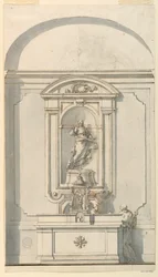 Teckning, Altare med tabernakel och två präster i samtal, 1750-75