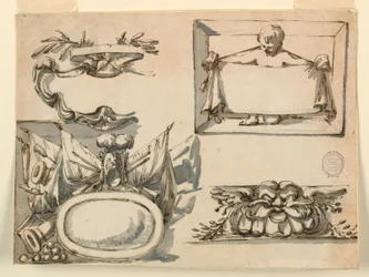 Ritning, En vapensköld, en trofé, en etikett, ett dekorativt motiv för en fris, 1750-75