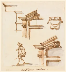 Ritning, arkitektoniska detaljer och figurstudie, 1760-75