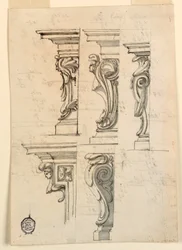 Teckning, Fem hörnmotiv, ca 1750