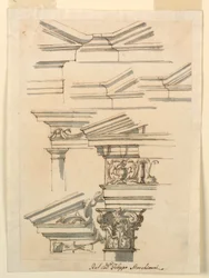 Teckning, Studier till entablement och fronton, ca 1770