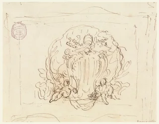 Teckning, Tavla med påven Benedictus XIV:s vapensköld med snäcka som bakgrund, 1740-58