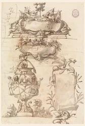 Ritning, Två vapensköldar, dekorativ vas och en scroll, 1750-75