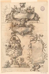 Ritning, Två vapensköldar, dekorativ vas och en scroll, 1750-75