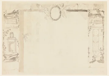 Teckning, Ofullbordat utkast till ett minnesblad med anledning av uppförandet av en påvlig fabrik (Magazins of Annona), 1760-69