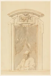 Teckning, Fönsterfodral och halvfigur av turk, 1750-70
