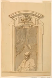 Teckning, Fönsterfodral och halvfigur av turk, 1750-70