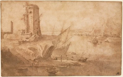 Landskap med torn vid havet, 1600-1614.