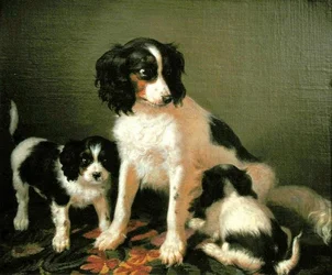 En spaniel med två valpar (olja på duk)