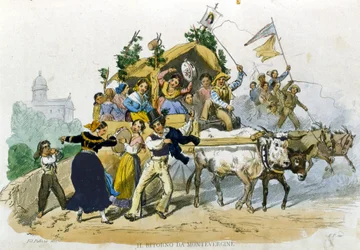 Napolitanerna kommer glatt tillbaka från utflykten till Montevergine. Teckning av F. Palizzi från "Costumi del regno di Napoli"" av De Bourcard