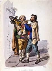 Pipspelare (säckpipa). Gravyr efter målning av F. Palizza. Från ett verk av Francesco de Bourcard "" Costumes of the Kingdom of Neapel ""