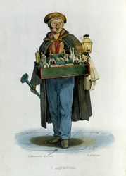 Småföretag i staden Neapel: en resande försäljare av konjak. Gravyr efter målning av F. Palizza. Från ett verk av Francesco de Bourcard "" Costumi del regno di Napoli""