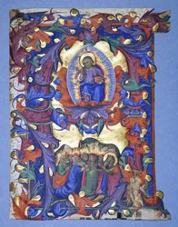 Ett stort historiskt "A" med en skildring av Kristi himmelsfärd, c.1450