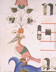 Missal 515 f.120v Grotesk fågel med människohuvud, detalj av dekorativ bård från en körbok utförd före 1449 (vellum)