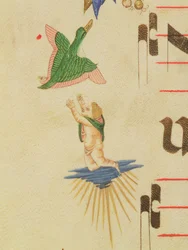 Missal 515 f.13v En klädd kerub som försöker fånga en flygande fågel, från en dekorativ bård, detalj från en körbok utförd före 1449 velängdetalj av 56721