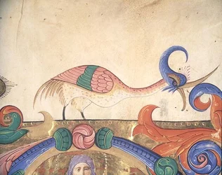 Missal 515 f.169r Fantastisk fågel, detalj av dekorationen kring en historisk initial från en körbok utförd före 1449 (vellum) (detalj av 56720)