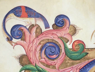 Missal 515 f.169r Fantastisk fågel som tittar runt lövverket, detalj av dekorationen som omger en historisk initial från en körbok utförd före 1449 velängdetalj av 56720