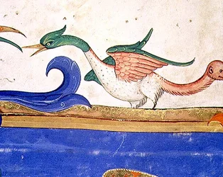 Missale 515, fol. 72v: Fantastisk fågel med en svans med apansikte, detalj ur en korbok utförd före 1449 (detalj av 56719)