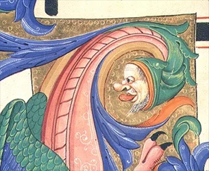 Missal 515 f.73v Zoomorft bladverk som visar ett manligt huvud som drar i ett ansikte, detalj från dekorationen av en historisk initial från en körbok utförd före 1449 (vellum)