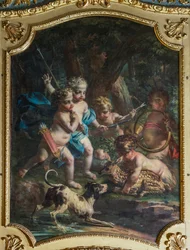 Dekorativ panel föreställande keruber, Jaktpalatset Stupinigi, av Filippo Juvarra (1678-1736)