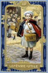 Reklam för kakan "" Lefèvre-Useful: Lu"" (skolpojken). sd. Kromolitografi från 1800-talet baserad på originalteckningen av Firmin Bouisset.