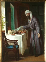 Morning Hangover - Målning av Firs Sergeevich Zhuravlev (1836-1901), olja på duk, 40x29,6 cm, sent 1800-tal - Privat samling