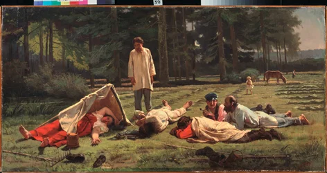 Vila vid höskörden - Målning av Firs Sergeevich Zhuraviev (1836-1901), olja på duk
