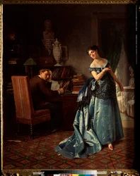 A Fashion Lady, Preparation For A Ball - Målning av Firs Sergeevich Zhuraviev (1836-1901), olja på duk