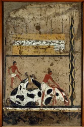 Egyptisk antikvitet: en tjur offras inför en sarkofag. Detrempe på lera och halm från graven till generalen och kung Itis grav i El Ghebelen nära Luxor. 2200-2000 f.Kr. Turin, egyptiskt museum