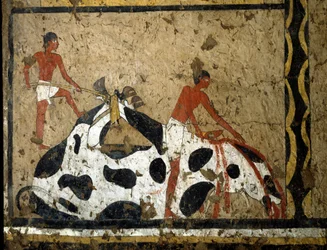 Egyptisk antikvitet: en tjur offras inför en sarkofag. Detrempe på lera och halm från graven av generalen och kung Itis grav i El Ghebelen nära Luxor. 2200-2000 f.Kr. Turin, egyptiskt museum