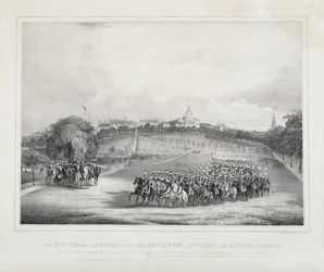 De nationella lansryttarna med de inspekterande officerarna på Boston Common