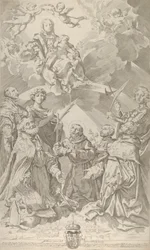 Skyddshelgon för Bologna tittar uppåt på Jungfrun som sitter i molnen med..., 1640-50.