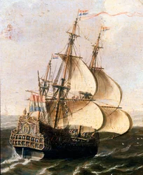 En galjon av det holländska företaget i Ostindien Anonym målning av den flamländska skolan. 1600-talets Museo Navale, Genes