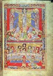 Lägg till 17738 Vol II f.4 Transfiguration, the Last Nattvarden, från Floreffe Bible, c.1156 (vellum)