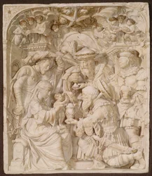 Tillbedjan av Magi, alabaster och målad förgylld relief, flamländska, inskriven 