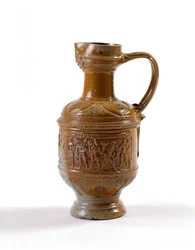 Ölkanna, tillverkad i Raeren, Belgien, ca 1580-1600 (saltglaserat stengods)