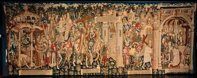 Katedralen (La Seo, Catedral del Salvador de Zaragoza). Gobelängmuseet. flamländsk gobeläng. Legenden om det heliga korset (La leyenda de la Santa Cruz). Ca. 1450. 430x1120cm.