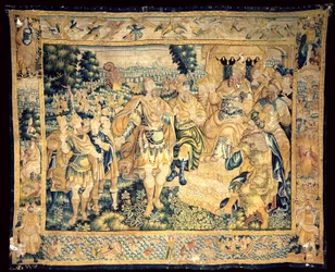 Katedral. Interiör. flamländsk gobeläng. Judas Maccabeus historia (?). Ursprung Oudenaarde. Oidentifierade märken precis nedanför. Ca 1575-1610.